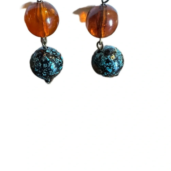 Brown and Teal Marbled Ball Dangle Earrings NWT - Picture 3 of 5